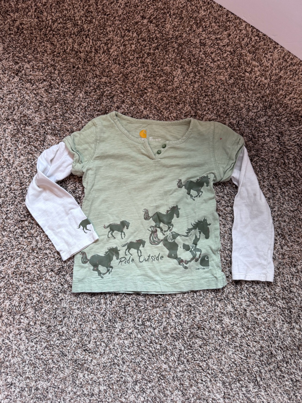 Carhartt Green and White Horse Graphic Layered-Look Top 4T